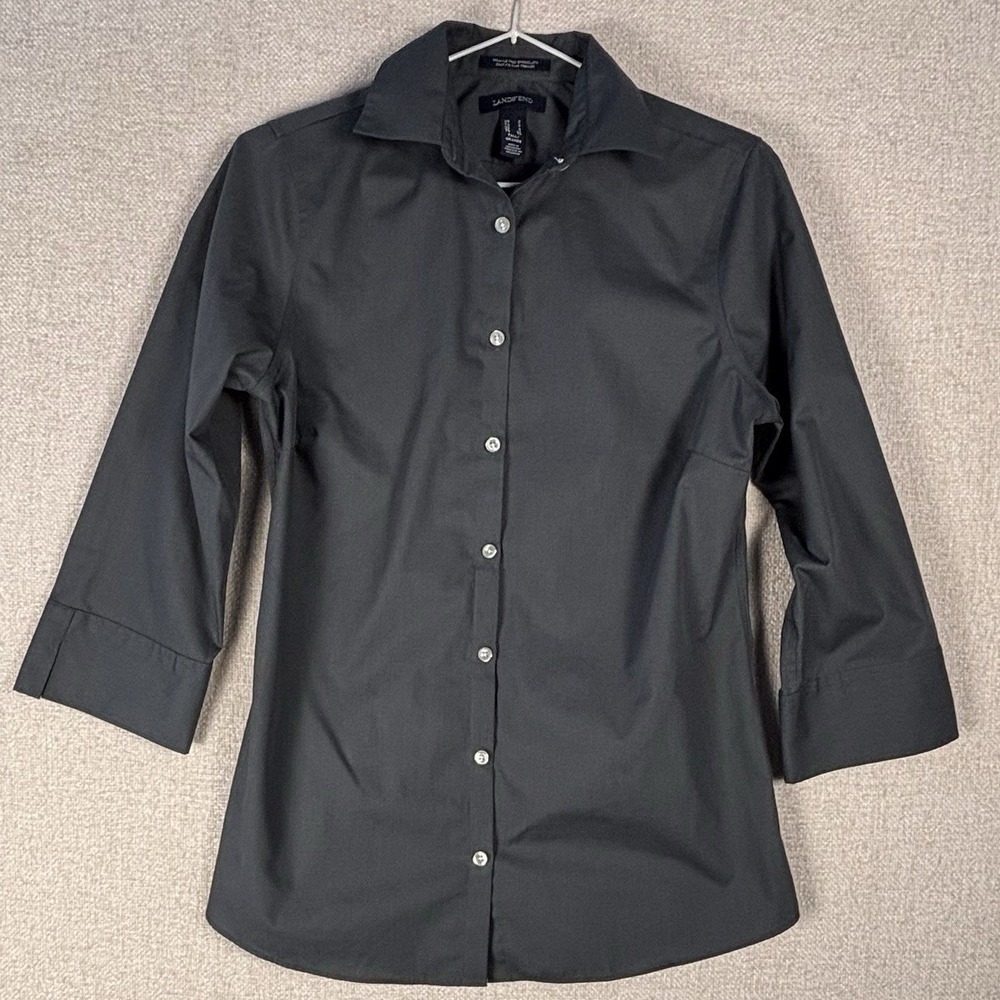 Lands End Women 2 Tall Gray Wrinkle Free Broadcloth 3/4 Sleeve Button Down Shirt